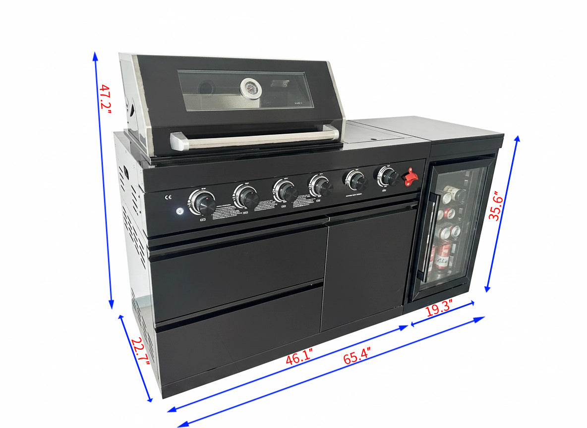 65" Outdoor Kitchen with 4-Burner Grill, Beverage Refrigerator & Marble Countertops – Black