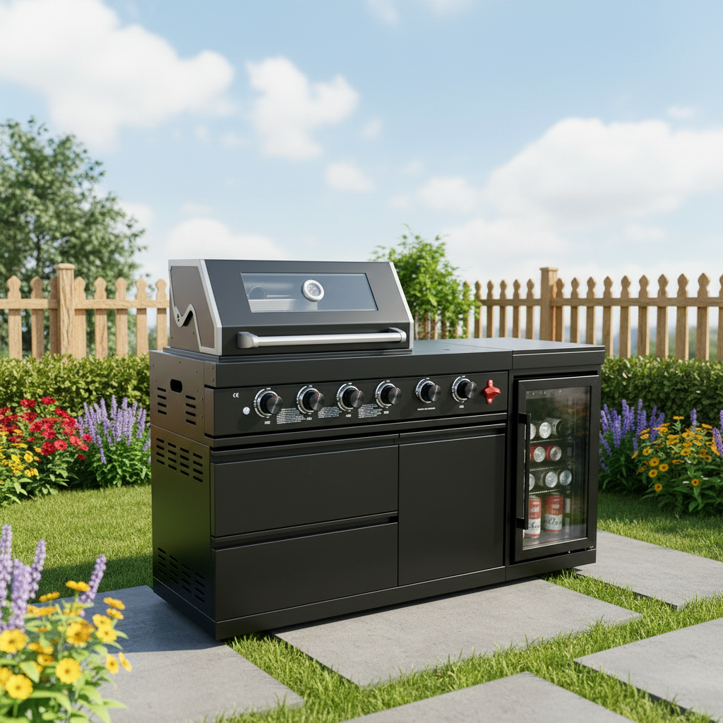 65" Outdoor Kitchen with 4-Burner Grill, Beverage Refrigerator & Marble Countertops – Black