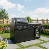 65" Outdoor Kitchen with 4-Burner Grill, Beverage Refrigerator & Marble Countertops – Black