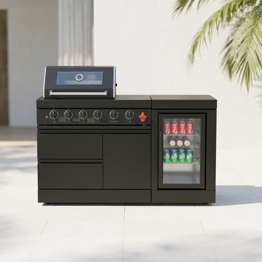 65" Outdoor Kitchen with 4-Burner Grill, Beverage Refrigerator & Marble Countertops – Black