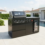 65" Outdoor Kitchen with 4-Burner Grill, Beverage Refrigerator & Marble Countertops – Black