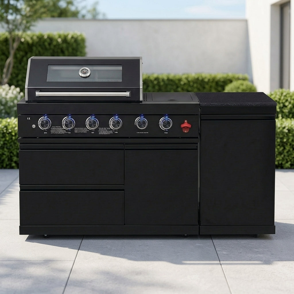 65" Outdoor Kitchen with 4-Burner Grill, Side Burner & Refrigerator – Black