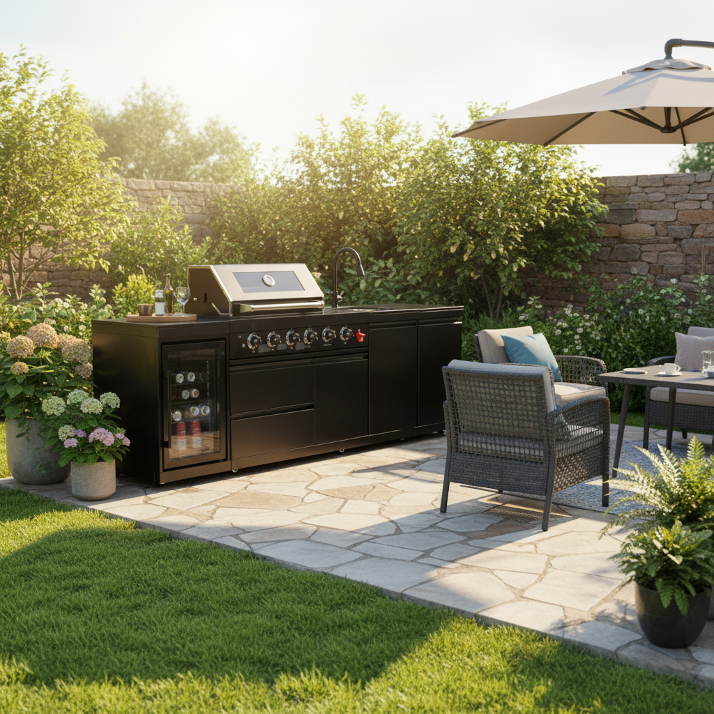104" Stainless Steel Outdoor Kitchen Island with 4-Burner Grill, Beverage Cooler & Sink – Black