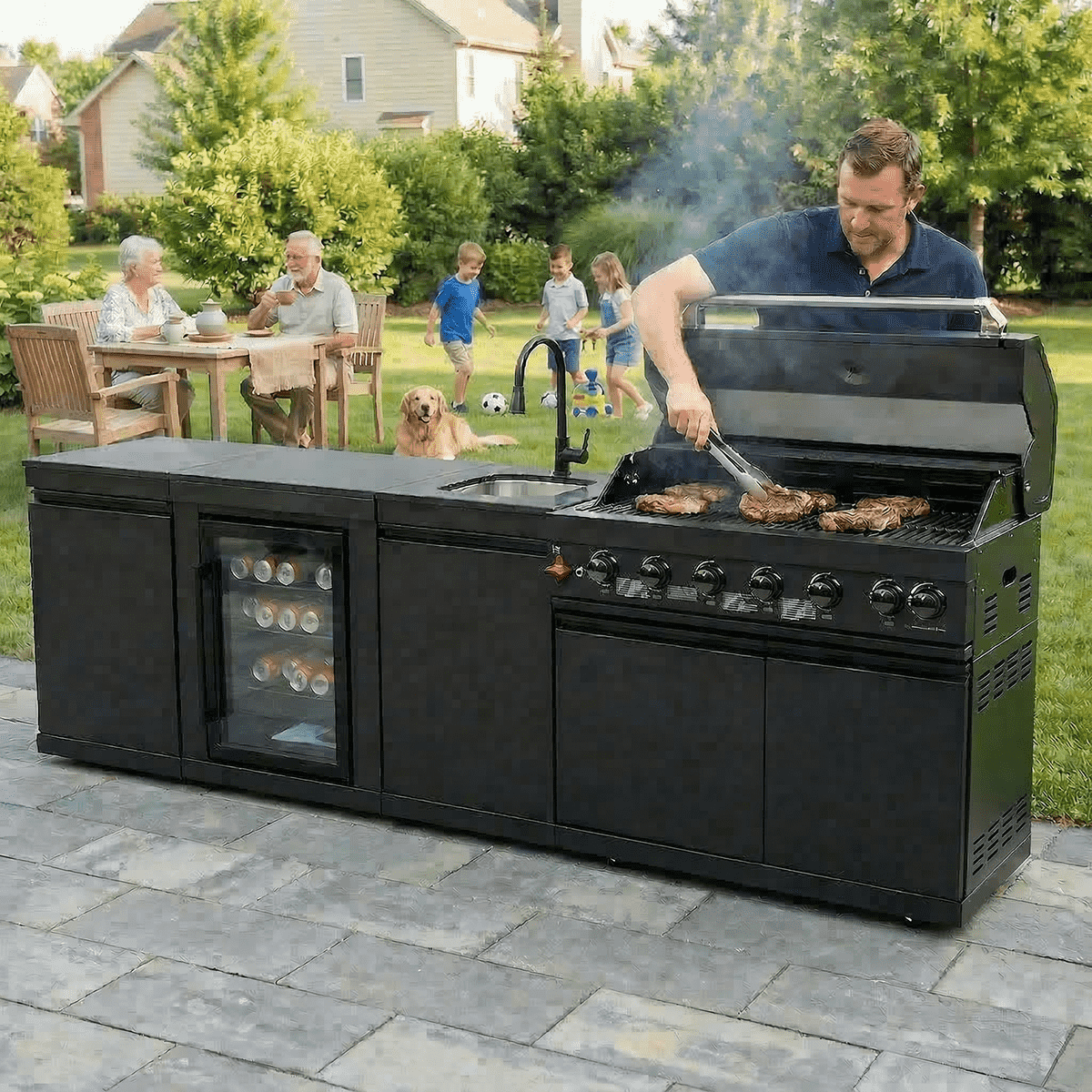 102" 85,000 BTU Outdoor Kitchen with 6-Burner Grill, Refrigerator & Sink – Black