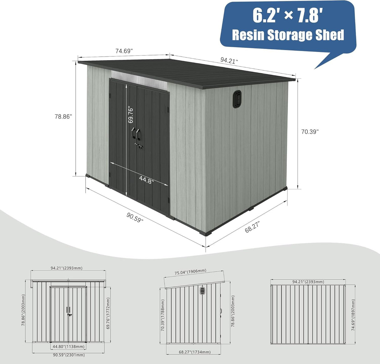 6' × 8' Outdoor Resin Storage Shed with Windows, Skylight & Ventilation