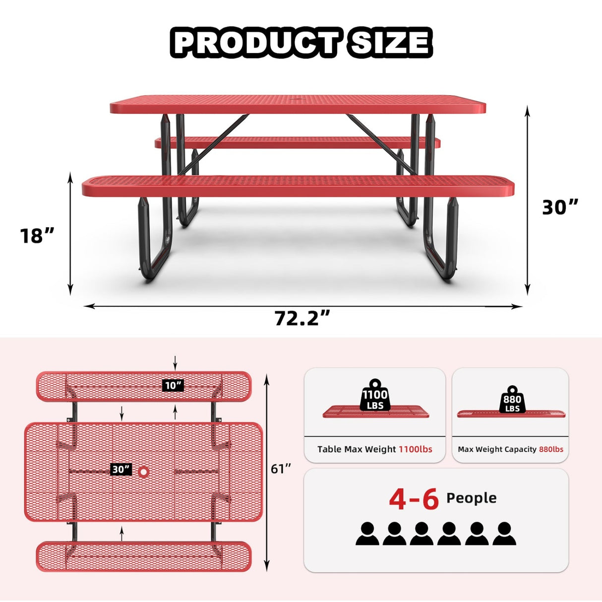 6' Rectangular Heavy-Duty Coated-Steel Picnic Table with Umbrella Hole