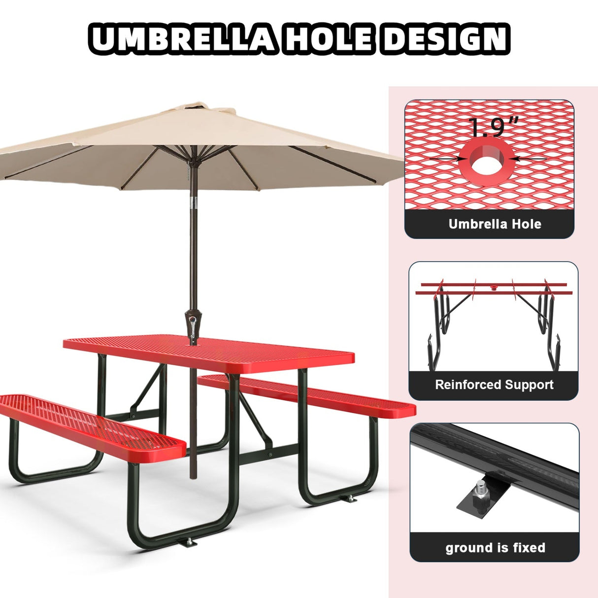 6' Rectangular Heavy-Duty Coated-Steel Picnic Table with Umbrella Hole