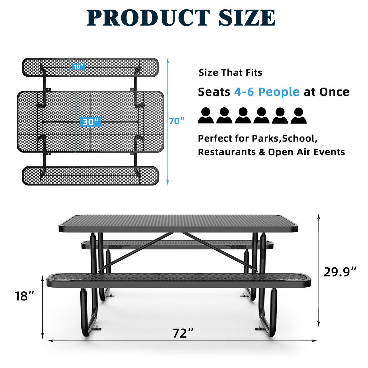 6' Rectangular Coated-Steel Outdoor Picnic Table – 1,100 lb Capacity