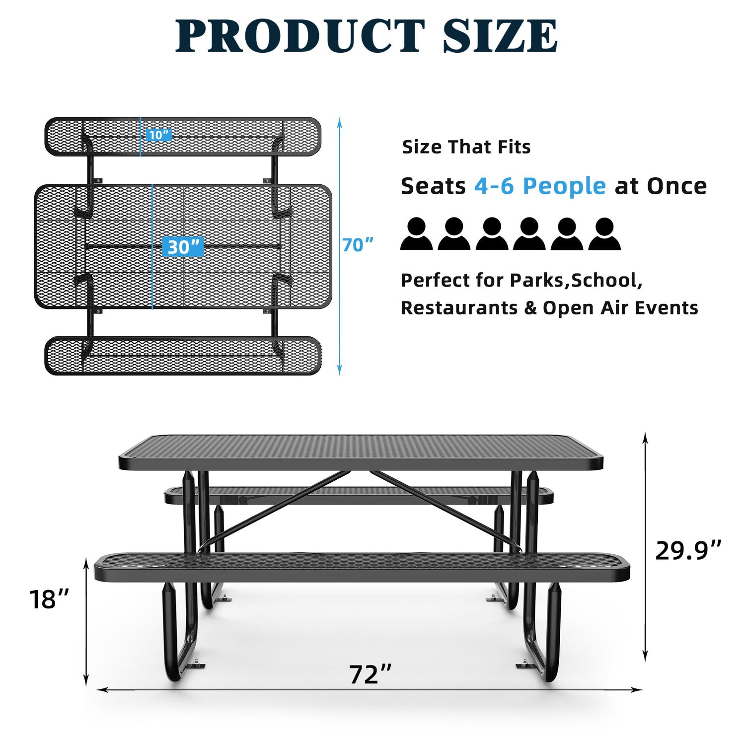 6' Rectangular Coated-Steel Outdoor Picnic Table – 1,100 lb Capacity
