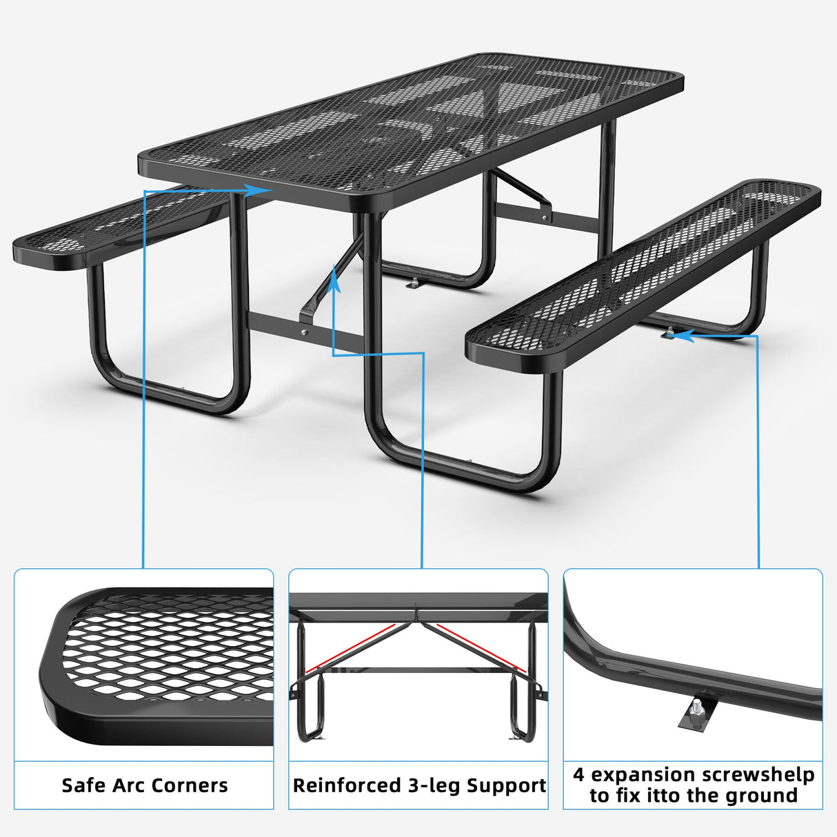 6' Rectangular Coated-Steel Outdoor Picnic Table – 1,100 lb Capacity