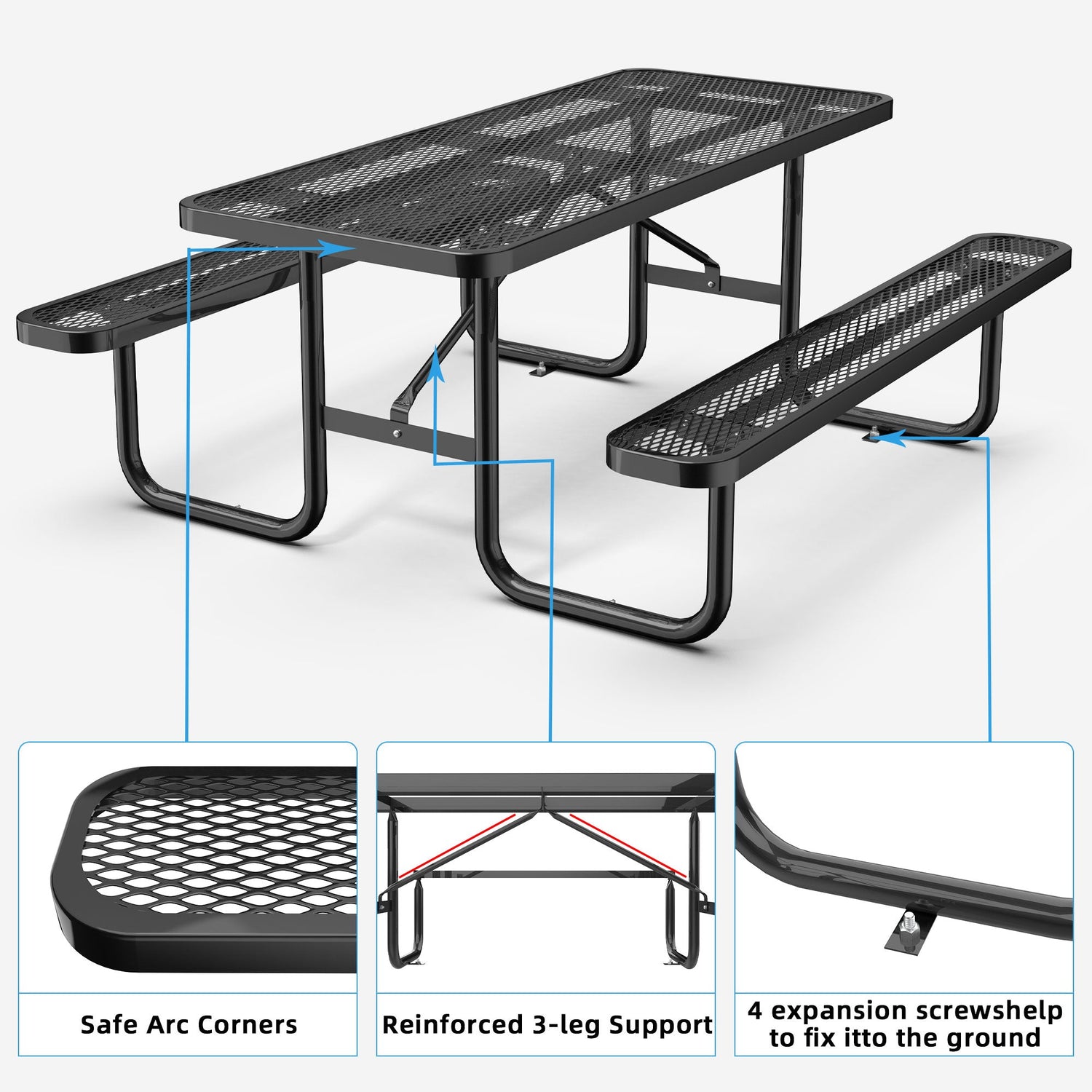 6' Heavy-Duty Coated-Steel Outdoor Picnic Table – 1,100 lb Capacity