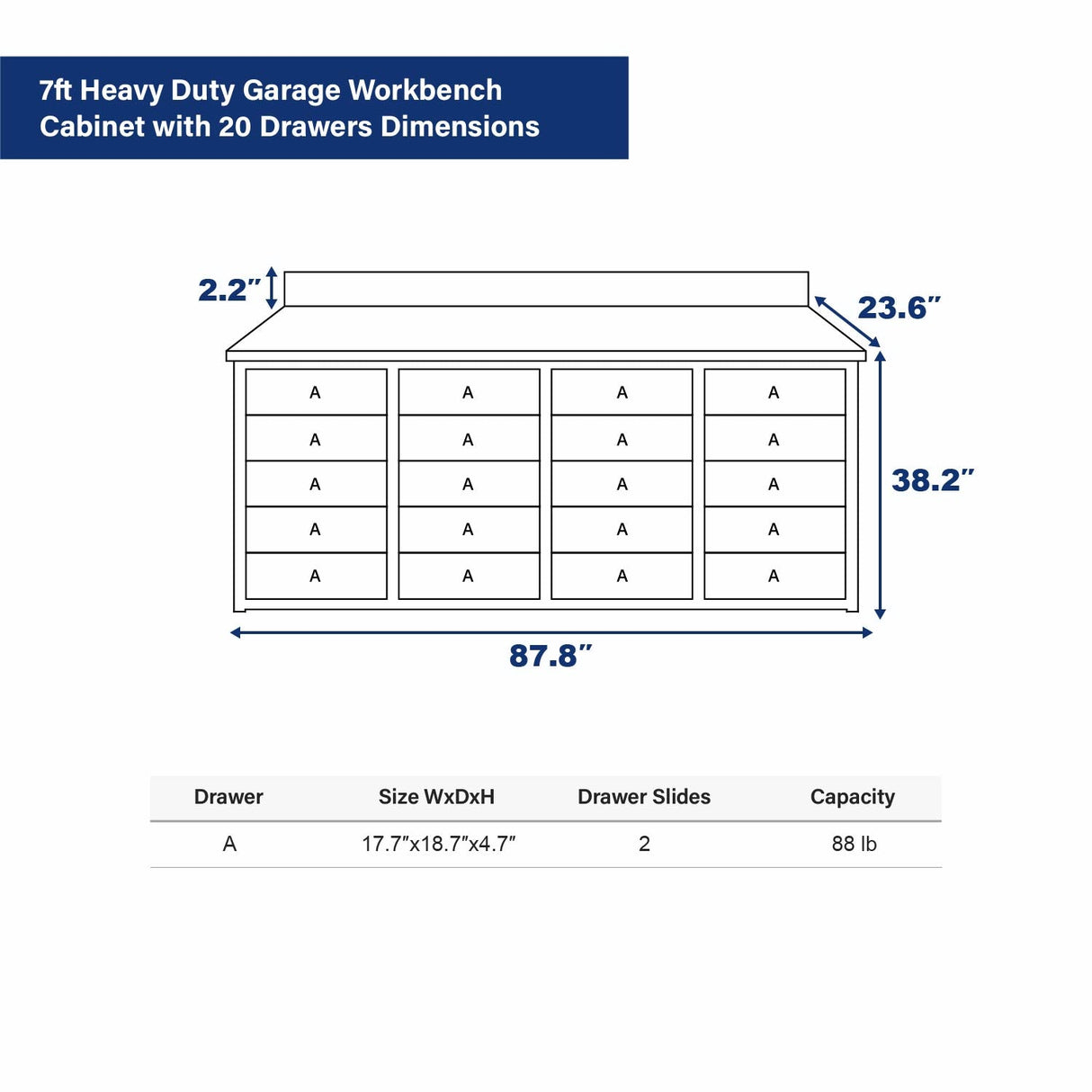 7' Heavy-Duty Garage Workbench Cabinet with 20 Drawers