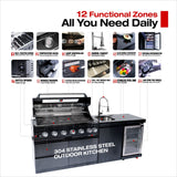 85" Natural Gas Outdoor Kitchen with 6-Burner Grill, Refrigerator, Rotisserie & Sink – Black