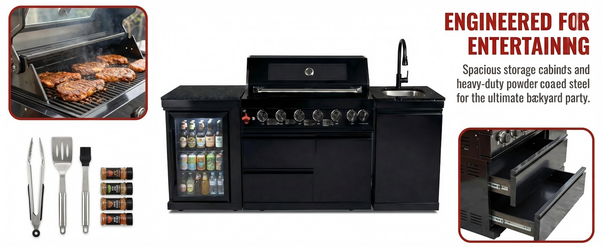 82" 85,000 BTU Outdoor Kitchen with 6-Burner Grill, Sink & Beverage Refrigerator – Black