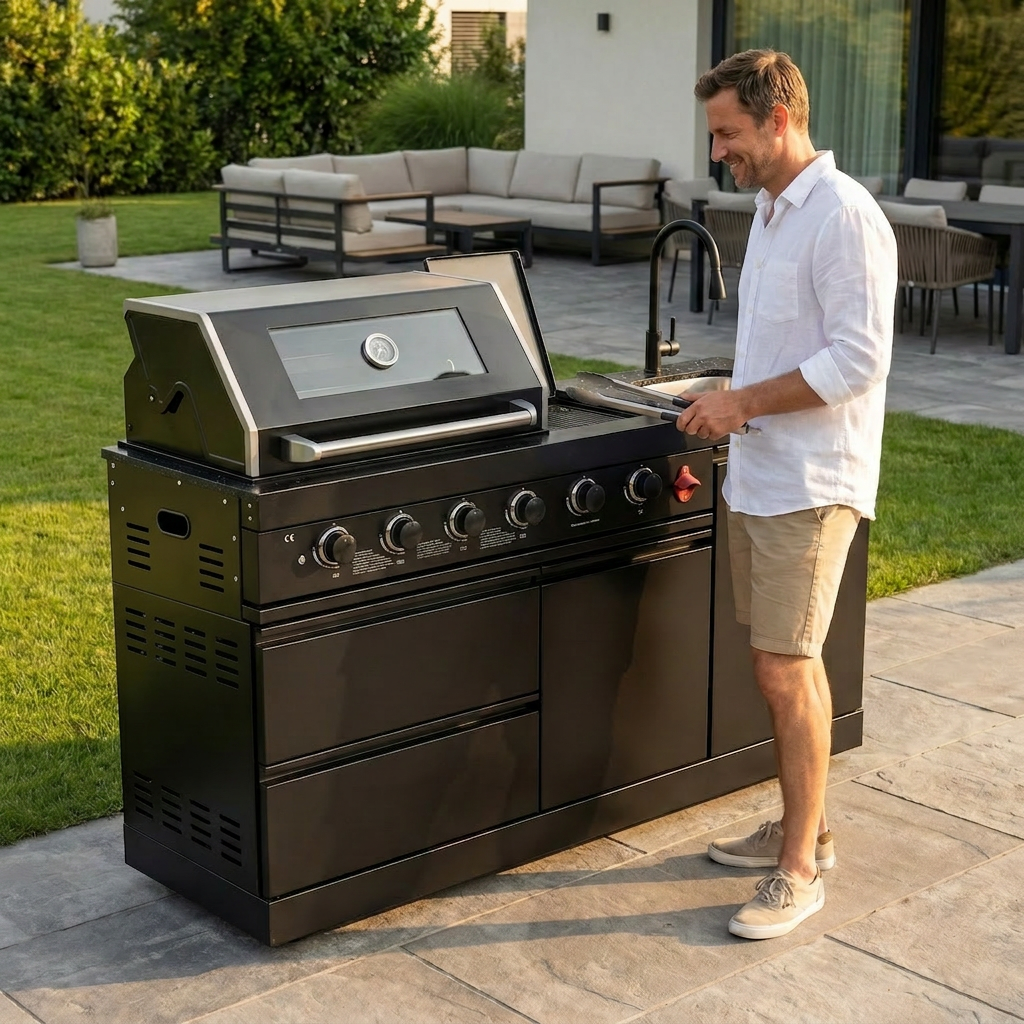 65" Outdoor Kitchen with 4-Burner Grill, Round Side Burner & Refrigerator – Black