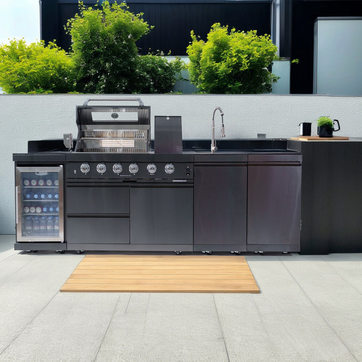 104" Propane Outdoor Kitchen with 4-Burner Grill, Refrigerator & Storage – Black