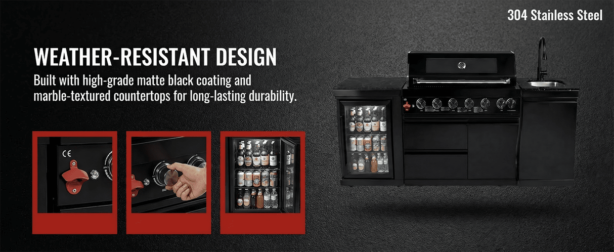 82" 85,000 BTU Outdoor Kitchen with 6-Burner Grill, Sink & Beverage Refrigerator – Black