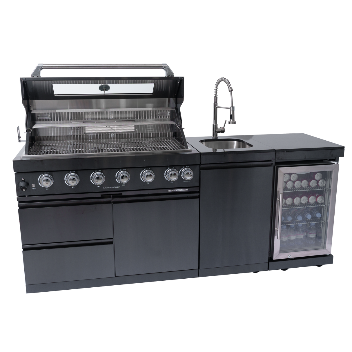 85" Natural Gas Outdoor Kitchen with 6-Burner Grill, Refrigerator, Rotisserie & Sink – Black