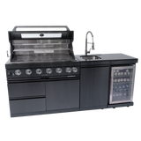 85" Natural Gas Outdoor Kitchen with 6-Burner Grill, Refrigerator, Rotisserie & Sink – Black
