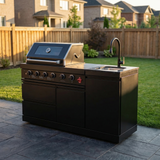 65" Outdoor Kitchen with 4-Burner Grill, Round Side Burner & Refrigerator – Black