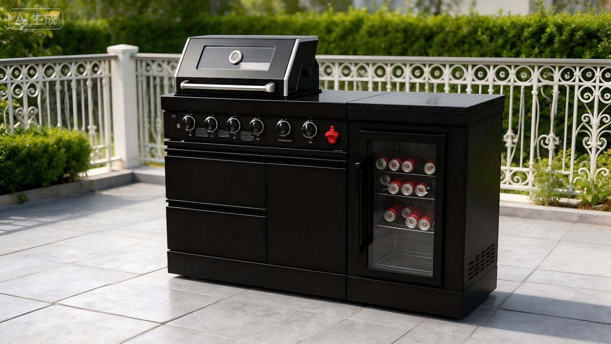 65" Outdoor Kitchen with 4-Burner Grill, Beverage Refrigerator & Marble Countertops – Black
