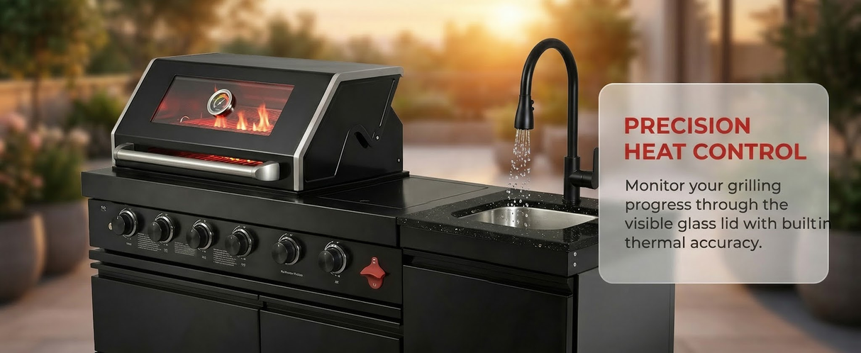 65" Outdoor Kitchen with 4-Burner Grill, Round Side Burner & Refrigerator – Black