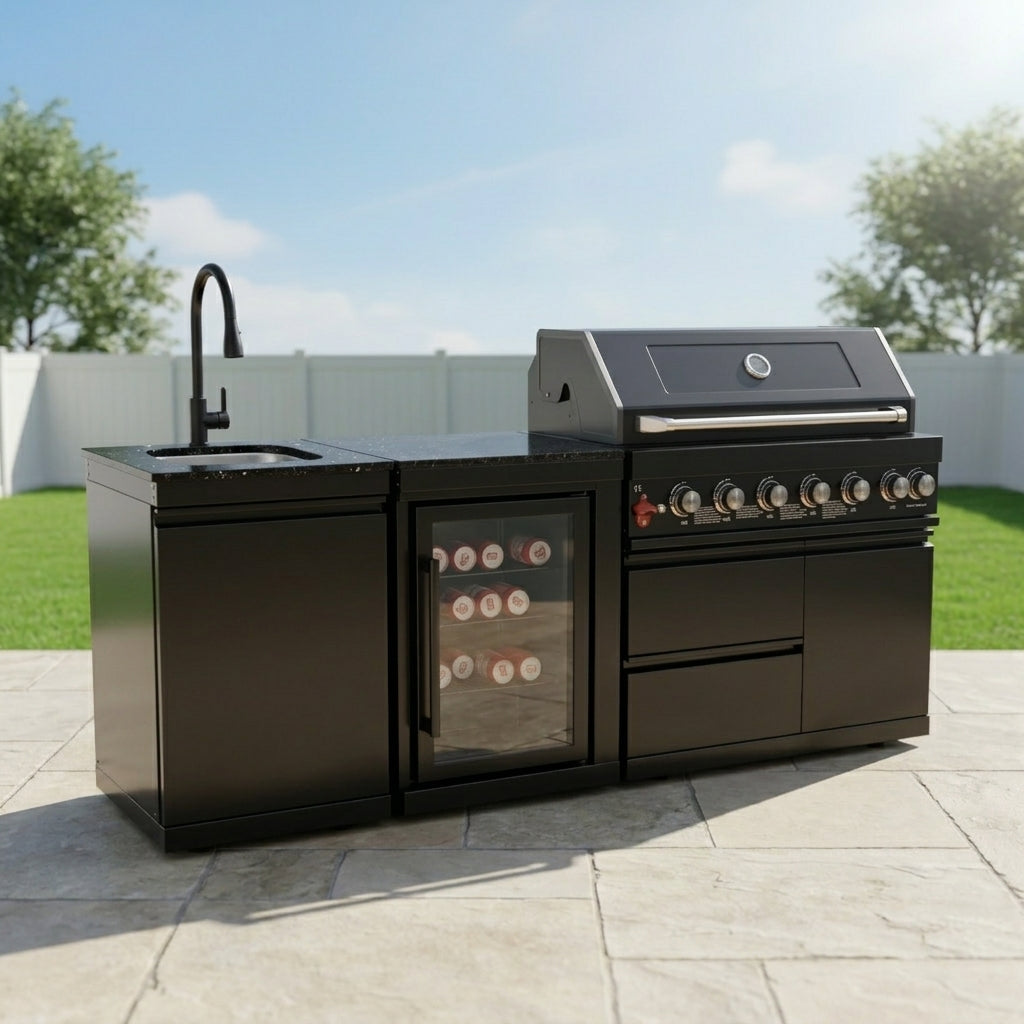 82" 85,000 BTU Outdoor Kitchen with 6-Burner Grill, Sink & Beverage Refrigerator – Black