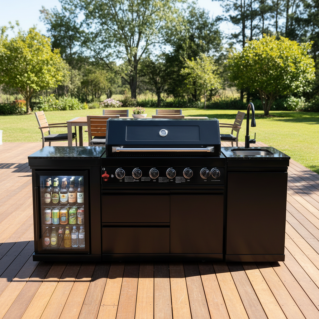 82" 85,000 BTU Outdoor Kitchen with 6-Burner Grill, Sink & Beverage Refrigerator – Black