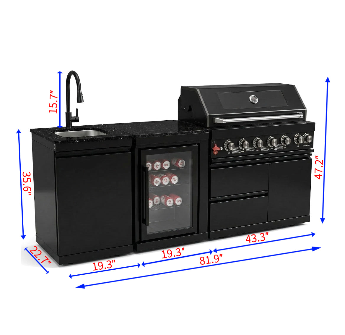 82" 85,000 BTU Outdoor Kitchen with 6-Burner Grill, Sink & Beverage Refrigerator – Black