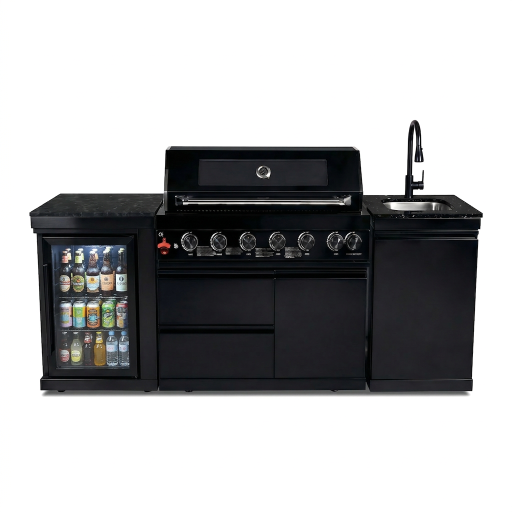 82" 85,000 BTU Outdoor Kitchen with 6-Burner Grill, Sink & Beverage Refrigerator – Black