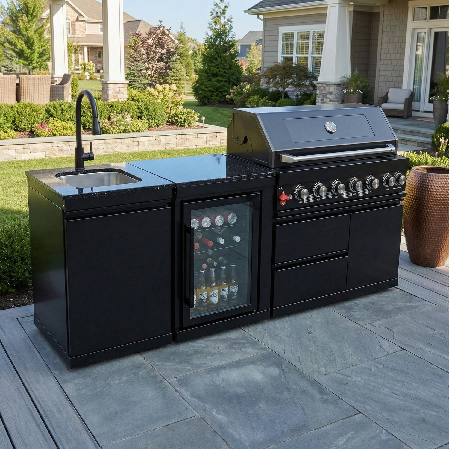 82" 85,000 BTU Outdoor Kitchen with 6-Burner Grill, Sink & Beverage Refrigerator – Black