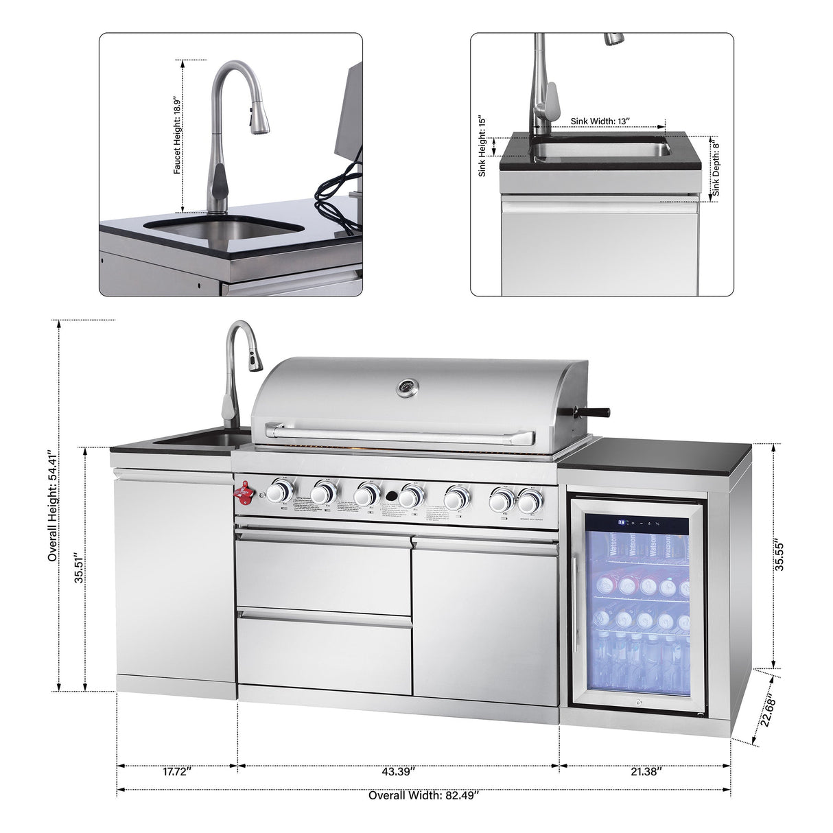 82.5" 83,500 BTU Outdoor Kitchen with 6-Burner Grill, Refrigerator & Sink – Silver