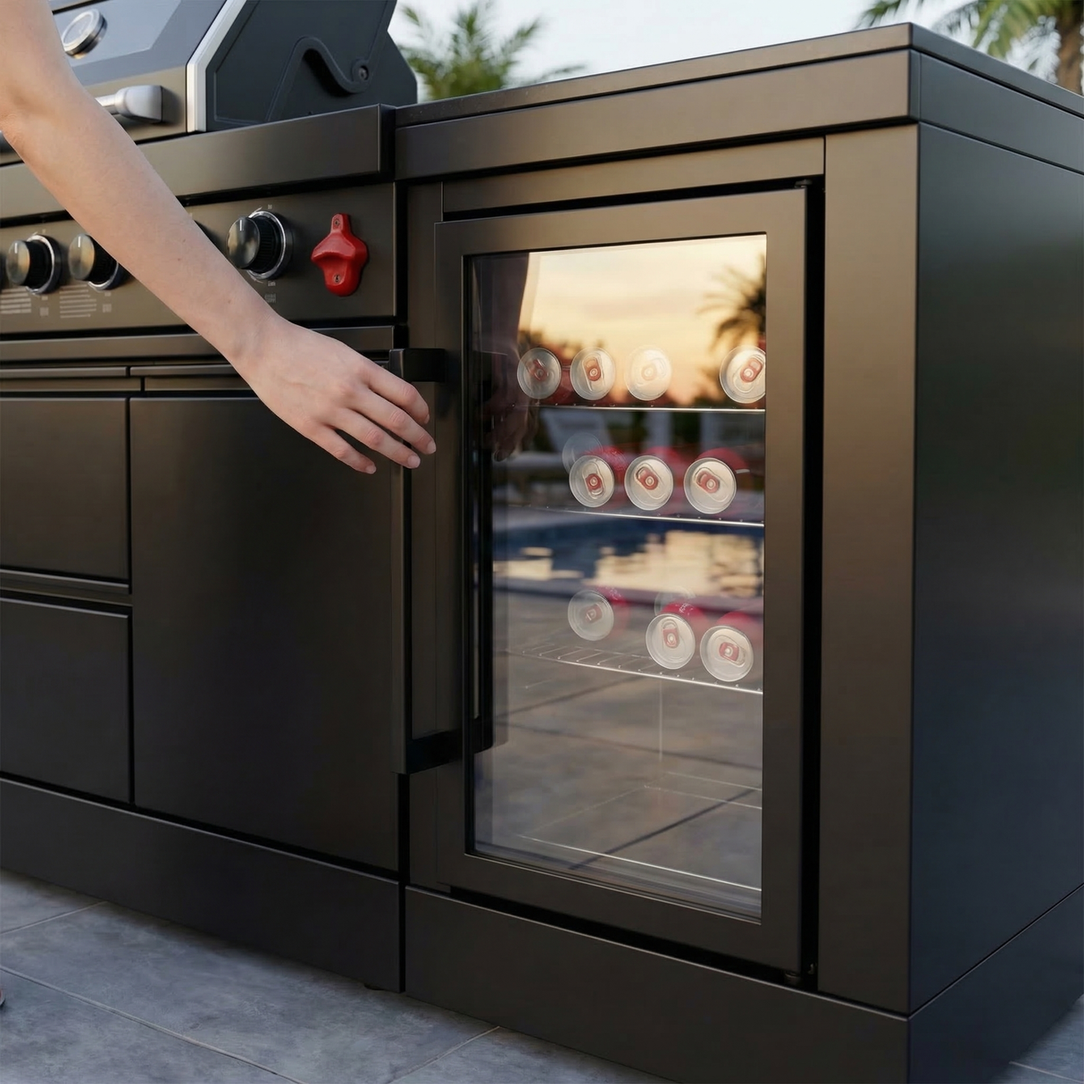65" Outdoor Kitchen with 4-Burner Grill, Beverage Refrigerator & Marble Countertops – Black