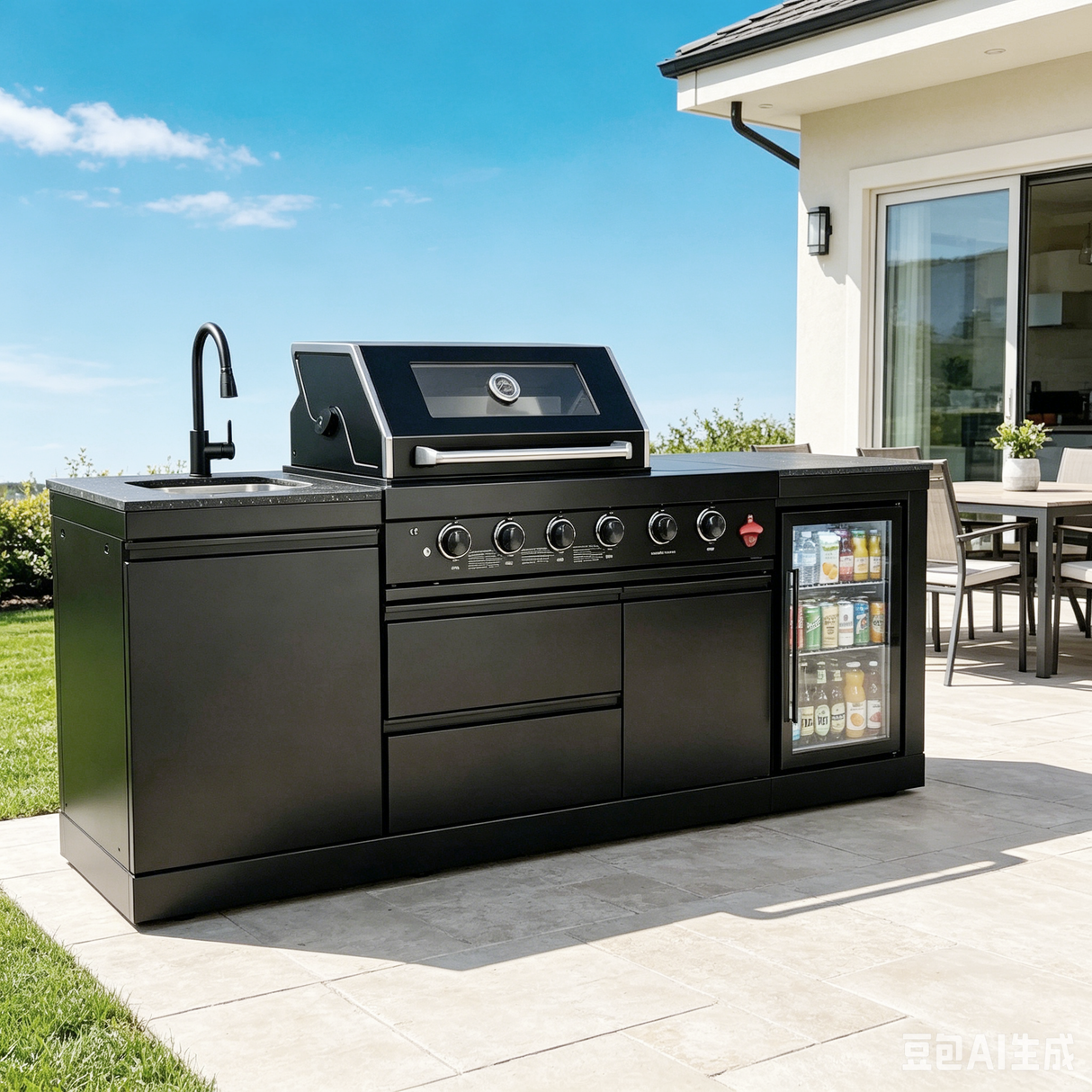 85" Outdoor Kitchen with 4-Burner Grill, Compact Refrigerator & Sink – Black
