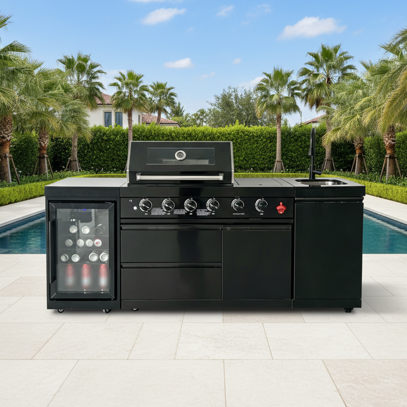 85" Outdoor Kitchen with 4-Burner Grill, Compact Refrigerator & Sink – Black