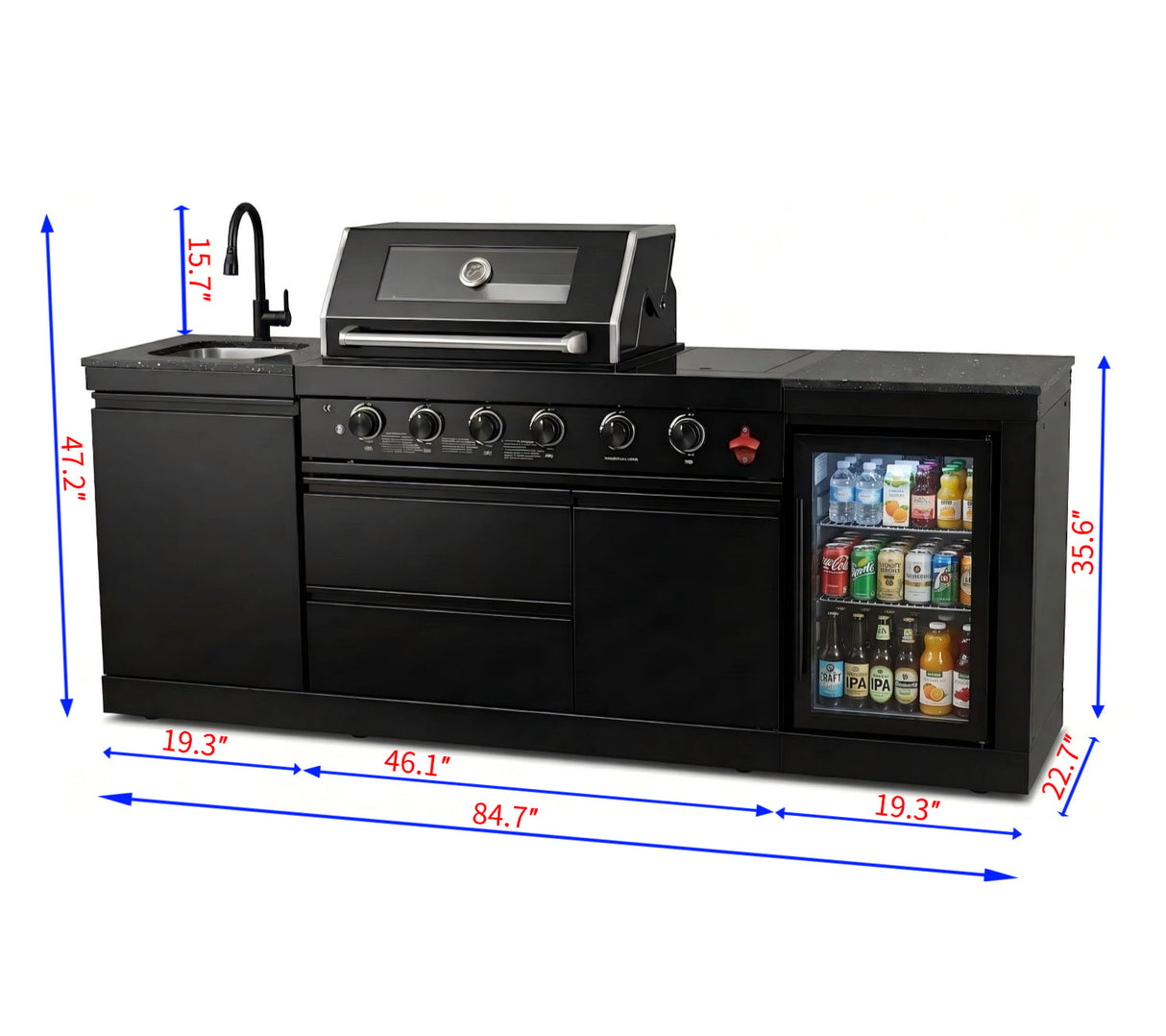 85" Outdoor Kitchen with 4-Burner Grill, Compact Refrigerator & Sink – Black