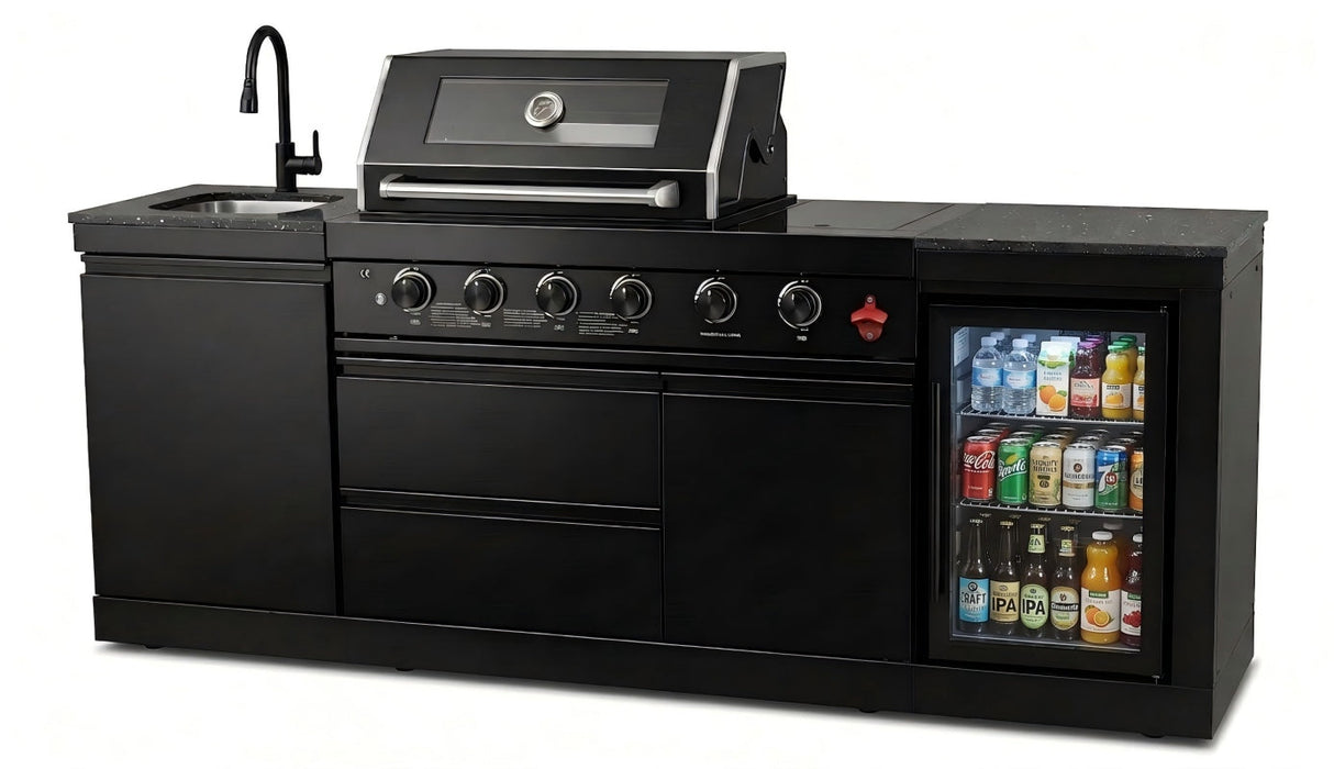 85" Outdoor Kitchen with 4-Burner Grill, Compact Refrigerator & Sink – Black