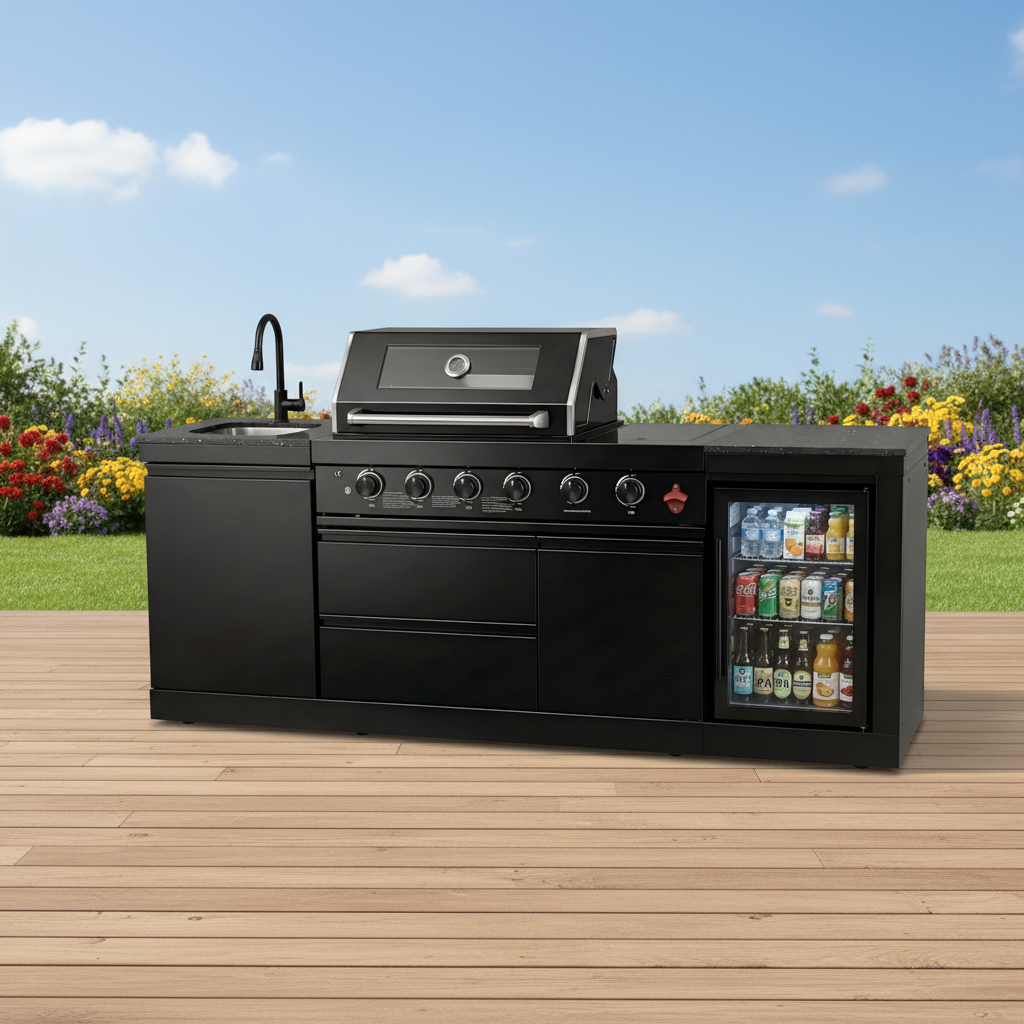 85" Outdoor Kitchen with 4-Burner Grill, Compact Refrigerator & Sink – Black