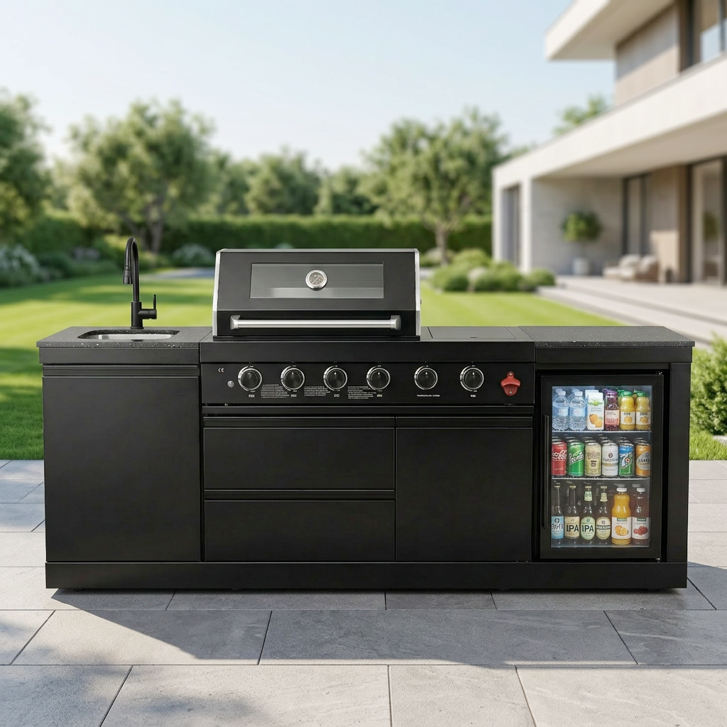 85" Outdoor Kitchen with 4-Burner Grill, Compact Refrigerator & Sink – Black