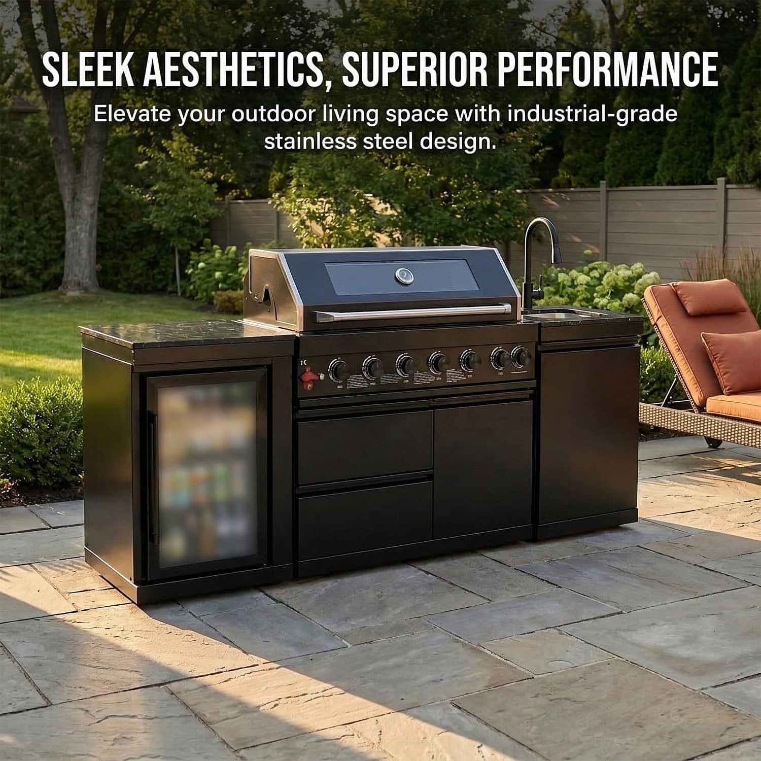 82" 85,000 BTU Outdoor Kitchen with 6-Burner Grill, Sink & Beverage Refrigerator – Black