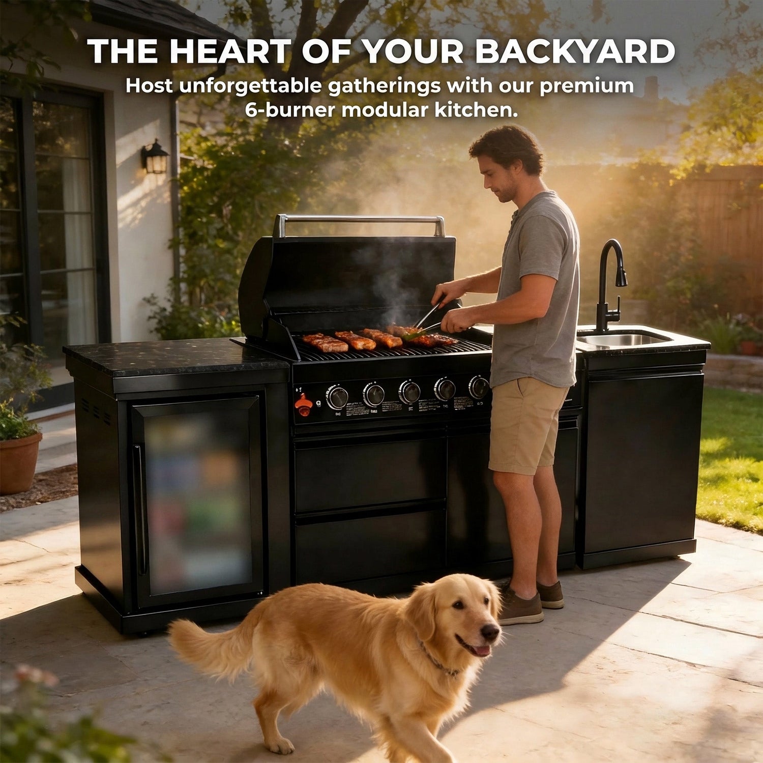 82" 85,000 BTU Outdoor Kitchen with 6-Burner Grill, Sink & Beverage Refrigerator – Black