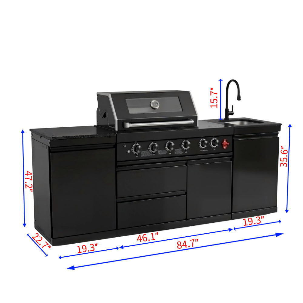 85" 4-Burner 85,000 BTU Outdoor Kitchen Island with Sink & Refrigerator – Black