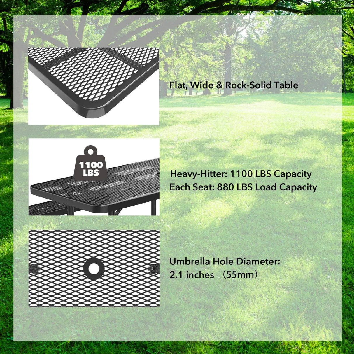 8' Green Rectangular Outdoor Picnic Table with Umbrella Hole