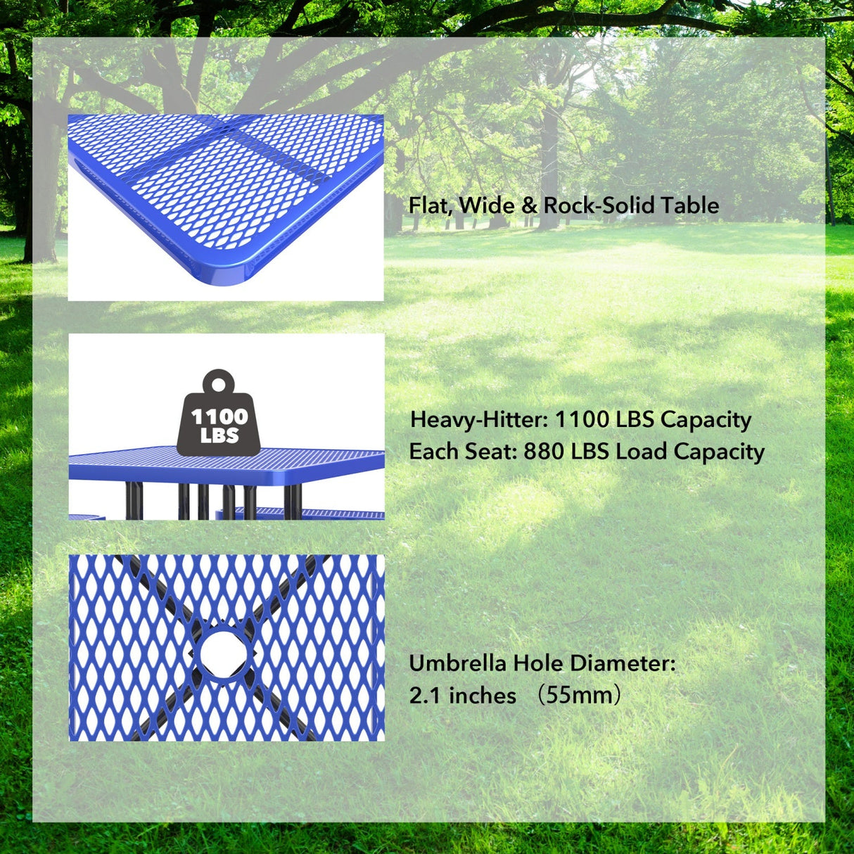8' Green Rectangular Outdoor Picnic Table with Umbrella Hole