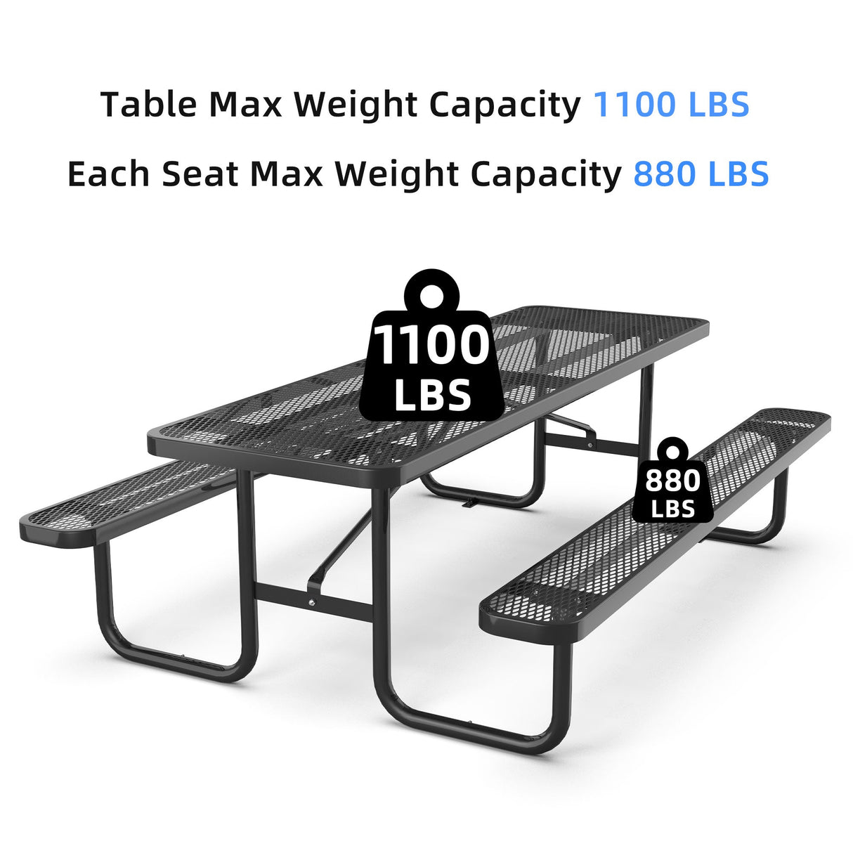 8' Heavy-Duty Coated-Steel Outdoor Picnic Table with Umbrella Hole – 1,100 lb Capacity