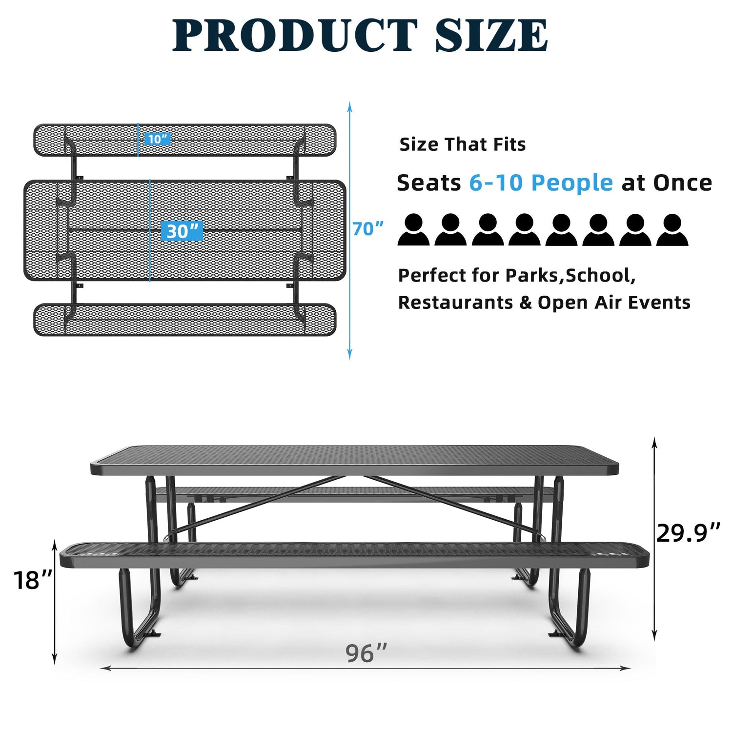 8' Heavy-Duty Coated-Steel Outdoor Picnic Table with Umbrella Hole – 1,100 lb Capacity