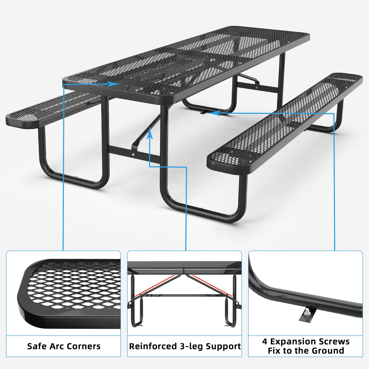 8' Heavy-Duty Coated-Steel Outdoor Picnic Table with Umbrella Hole – 1,100 lb Capacity