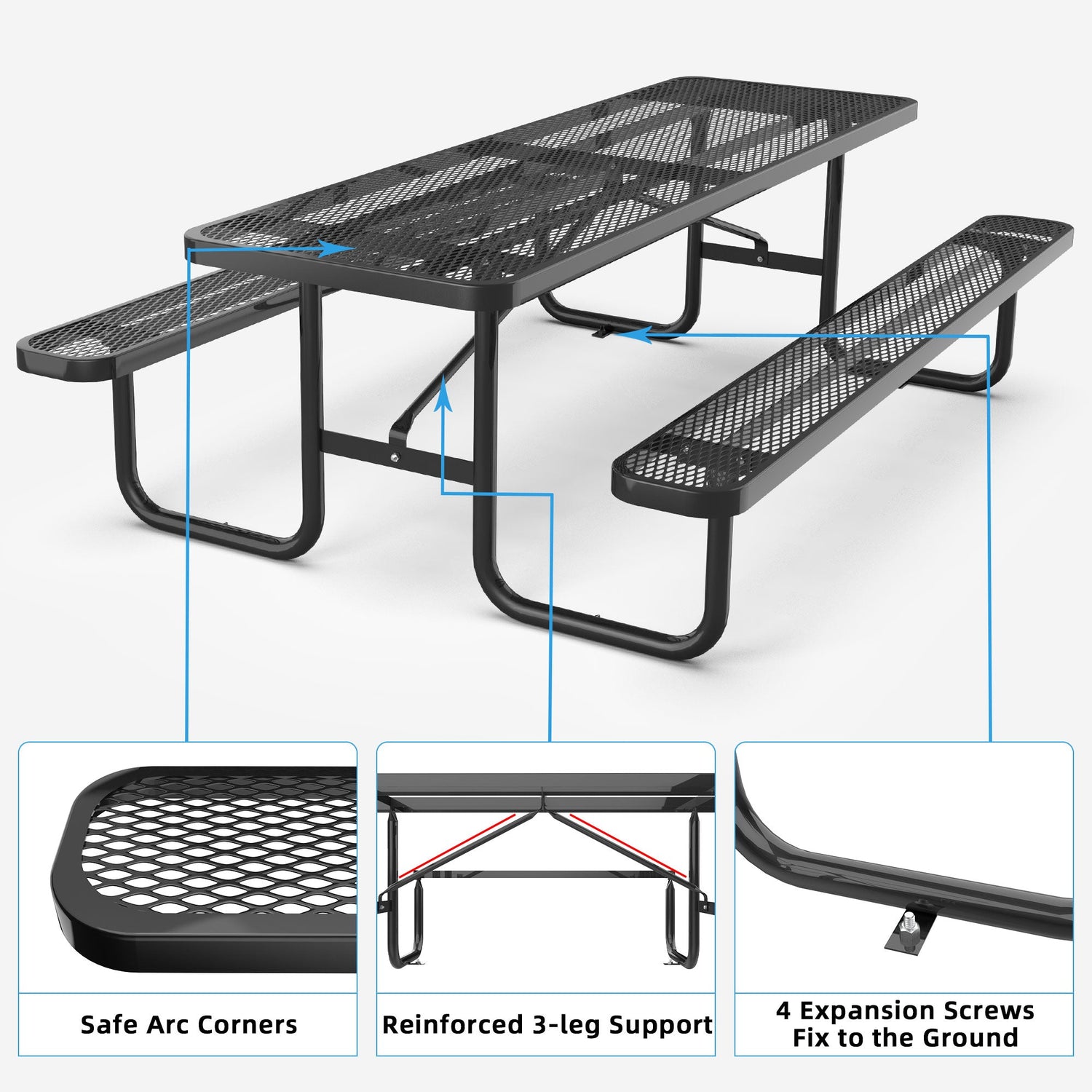8' Heavy-Duty Coated-Steel Outdoor Picnic Table with Umbrella Hole – 1,100 lb Capacity