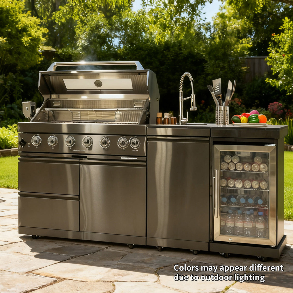 85" Natural Gas Outdoor Kitchen with 6-Burner Grill, Refrigerator, Rotisserie & Sink – Black