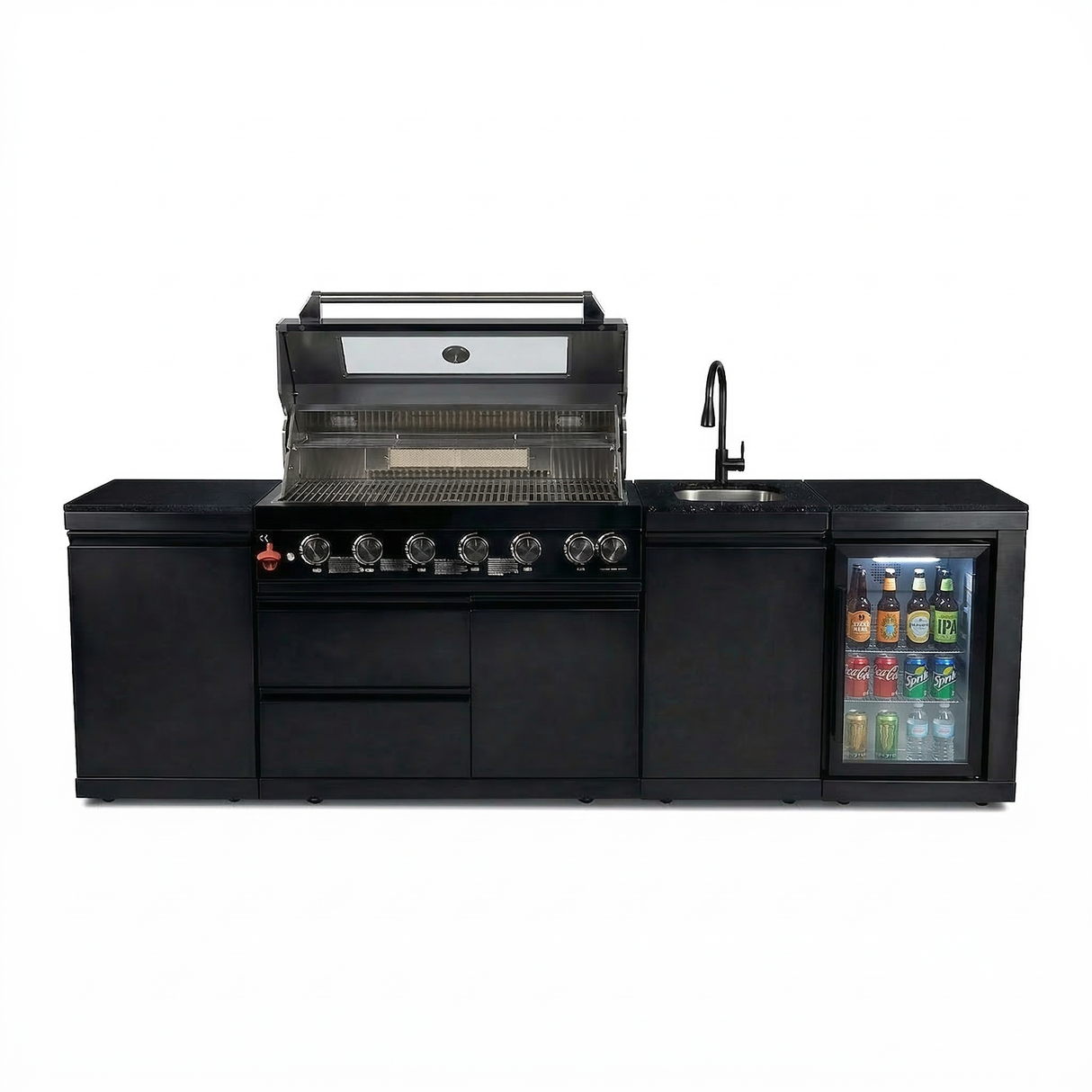 102" 85,000 BTU Outdoor Kitchen with 6-Burner Grill, Refrigerator & Sink – Black